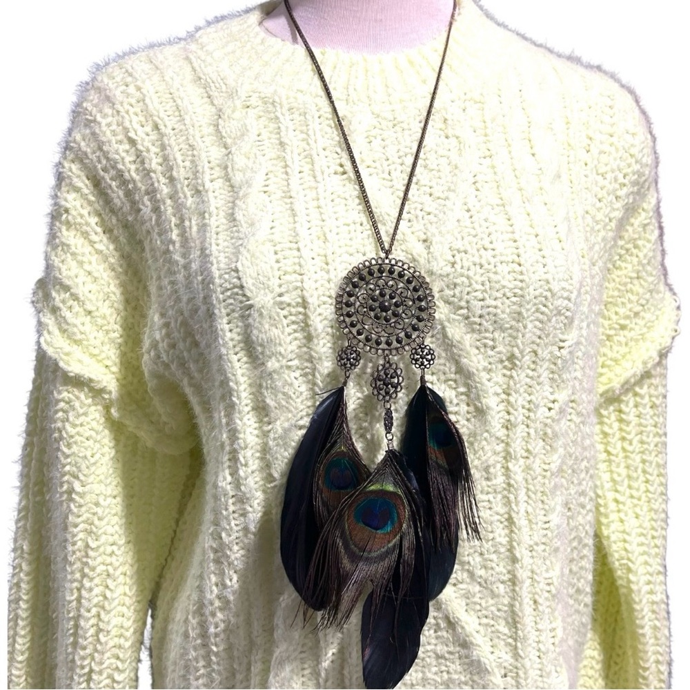 Peacock Feathered Dream Catcher Chandelier Necklace Boho Southwest Western Indie